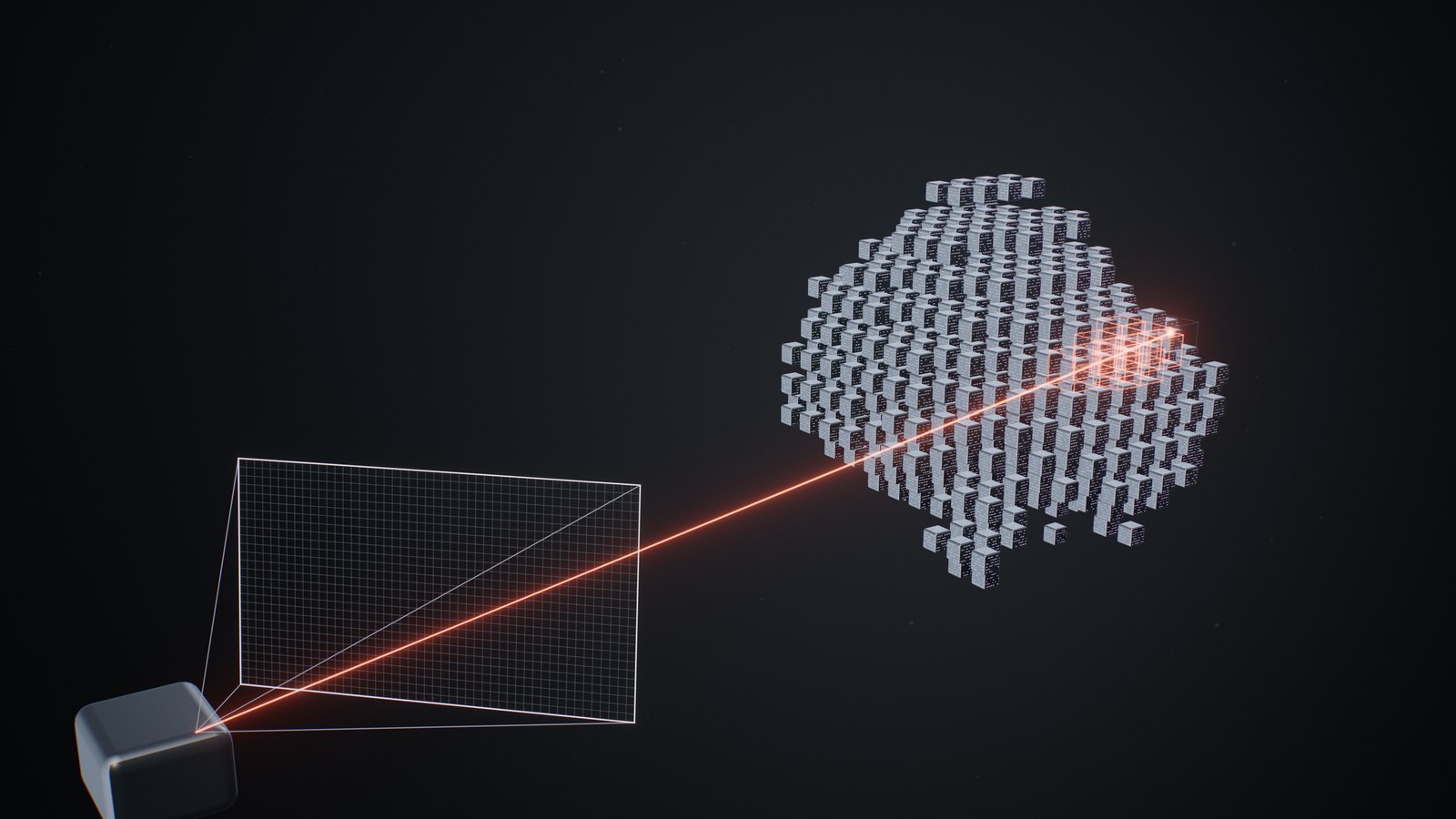 A render camera’s ray crosses the blocks of a smoke volume.